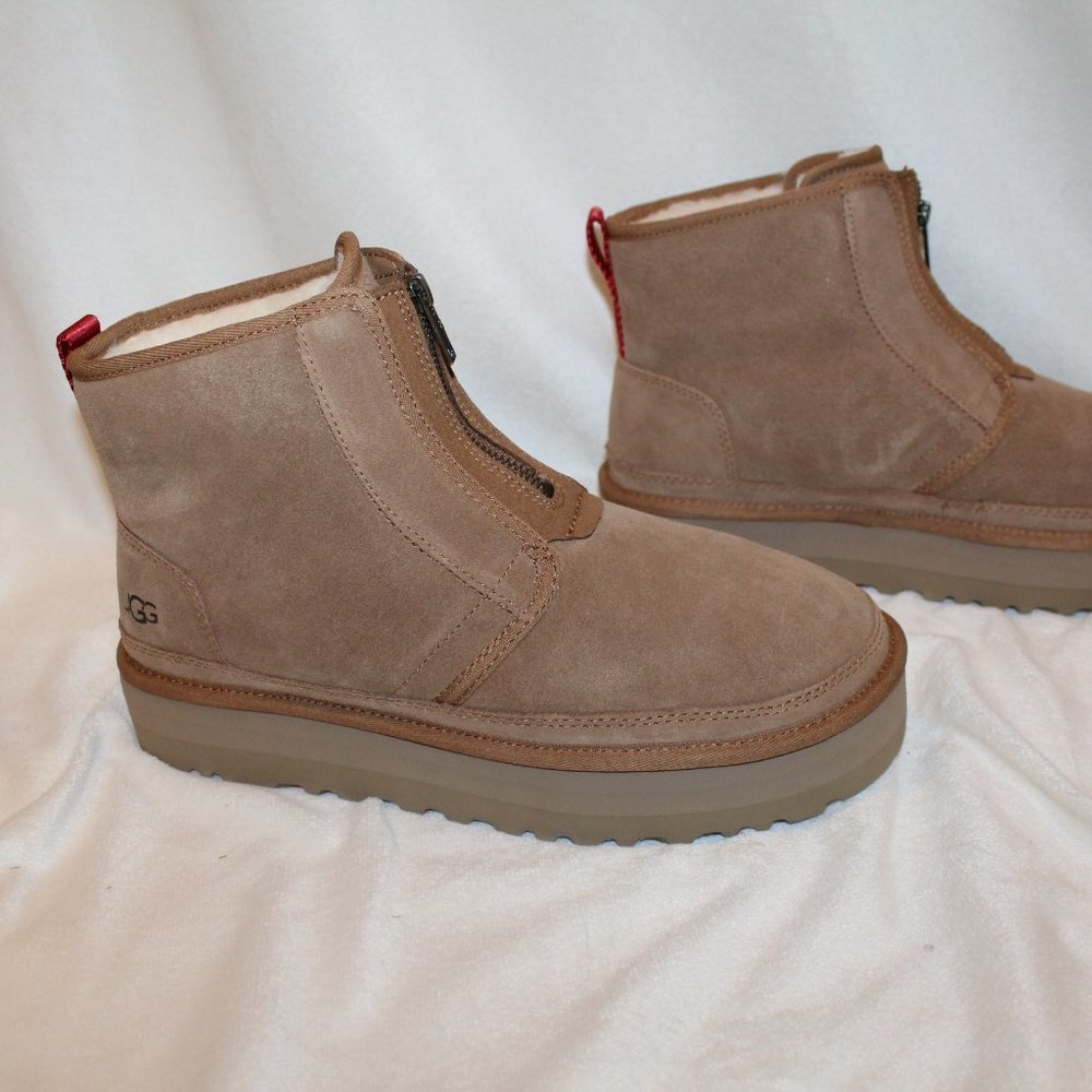 NIB UGG NEUMEL ZIP‎ UP PLATFORM SUEDE SHEARLING ANKLE BOOTS CHESTNUT - Picture 3 of 9
